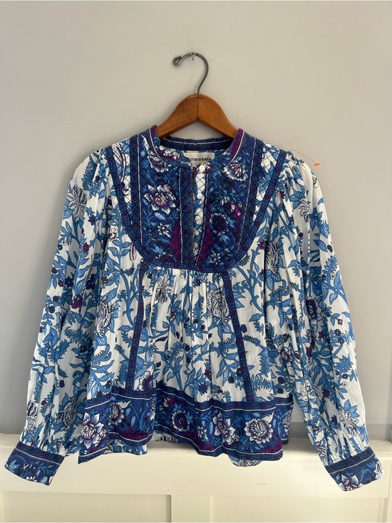 Antik Batik Tops - Antik Batik Blue Floral Boho Blouse Quilted Yoke Puff Sleeve Top M